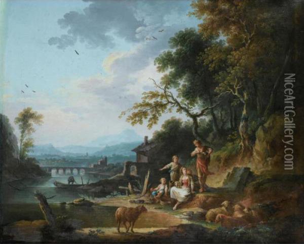 Le Repos D'une Famille De Paysans Dans Un Paysage De Riviere Oil Painting - Jean-Baptiste Claudot De Nancy