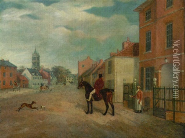 The High Street, Melton Mowbray, With A Huntsman In The Foreground Oil Painting - John E. Ferneley