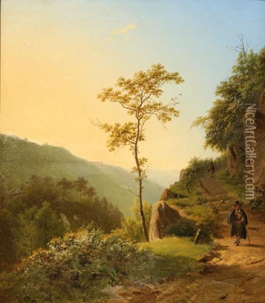 A Traveller On A Mountain Path By Sunset Oil Painting - Barend Cornelis Koekkoek