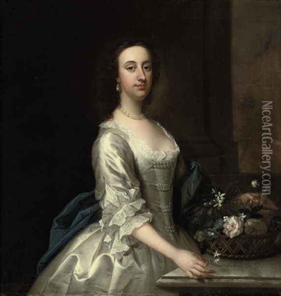 Portrait Of A Lady In A Lace-trimmed Satin Oyster Dress With Pearl Ornaments And Blue Wrap, Beside A Ledge With A Basket Of Flowers Oil Painting - Thomas Hudson
