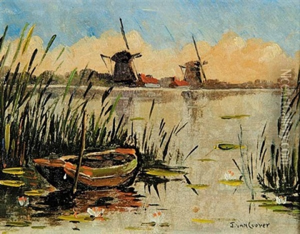 Untitled - Windmills And Boat Oil Painting - Hermanus Koekkoek the Younger