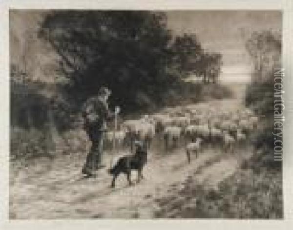 A Shepherd Driving His Flock Oil Painting - Herbert Thomas Dicksee