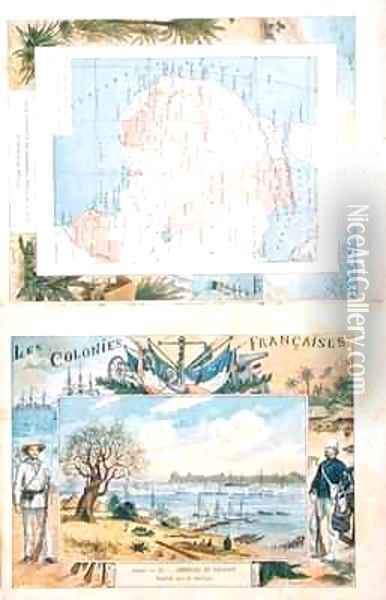 Map of French possessions and spheres of influence in Africa and a view of the river Senegal Oil Painting - G. Dascher