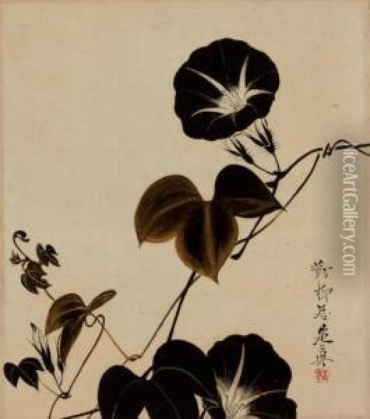 Morning Glories Signed Tairyukyo Zeshin And Sealed Hanging Scroll Oil Painting - Shibata Zeshin