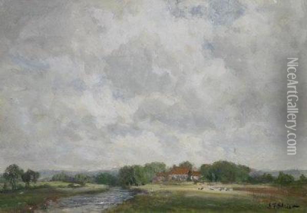 A Farm In A River Landscape Oil Painting - John Falconar Slater