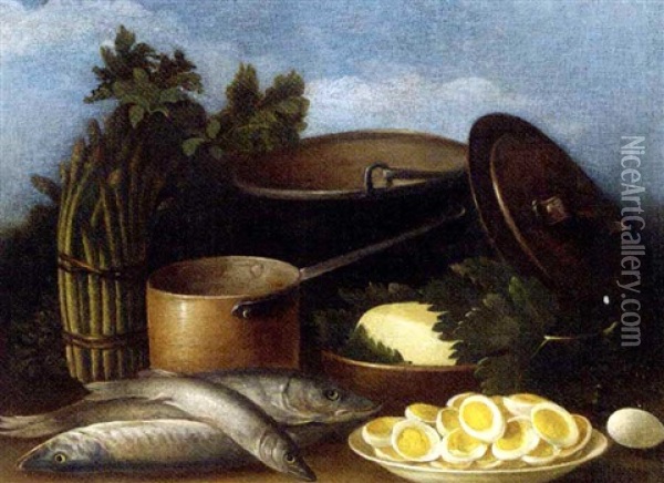 Copper Pots, Fish, Asparagus, Herbs And A Dish Of Sliced Boiled Eggs On A Table Oil Painting - Carlo Magini