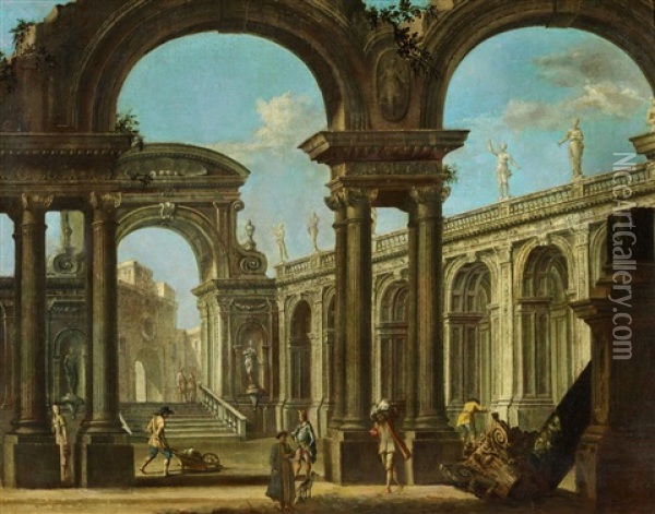 Architectural Capriccio With Figures Oil Painting - Antonio Visentini
