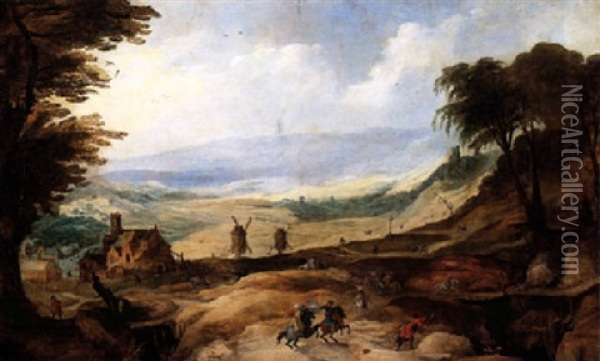 A Mountainous Landscape With Mounted Figures Skirmishing In The Foreground With A House And Windmills, Castle Ruins On A Hillside Oil Painting - Joos de Momper the Younger