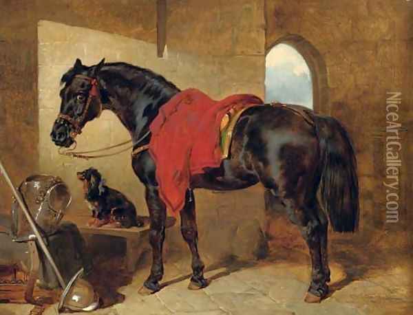 The cavalier's charger, saddled and draped with a crimson cloth, a King Charles spaniel with a blue bow around its neck, a cuirass Oil Painting - John Frederick Herring Snr