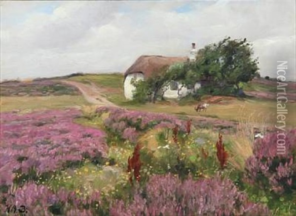 Summer Day In The Countryside With Heather And A Thatched Cottage In The Background Oil Painting - Hans Andersen Brendekilde