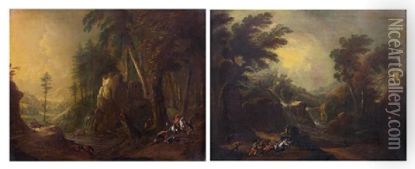 Cavaliers Assaillis Par Des Brigands (+ Dans Un Paysage Accidente Ou Coule Une Cascade; Pair) Oil Painting - Pieter Jacobsz. van Laer