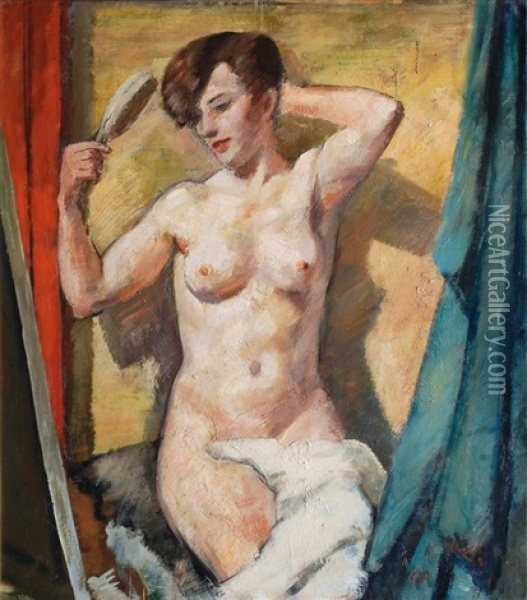 Female Nude With Hairbrush Oil Painting - Bernard Gobiet