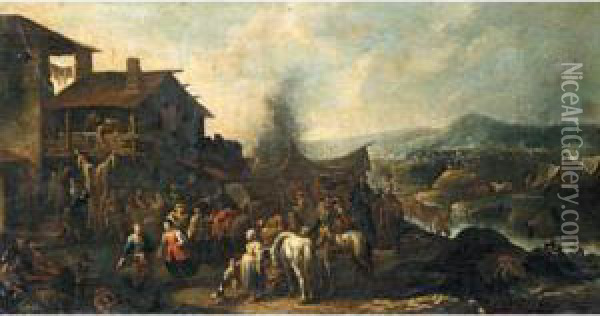 Figures Making Merry Outside A Riverside Tavern, An Encampment In The Distance Oil Painting - Pietro Domenico Oliviero