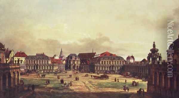 View of Dresden, Zwingerhof in Dresden, from the fortress works view Oil Painting - Bernardo Bellotto