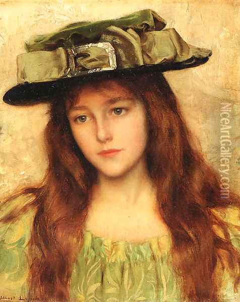 Young beauty in a green hat Oil Painting - Albert Lynch