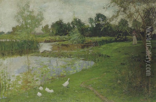 By The Pond Oil Painting - John Sowerby