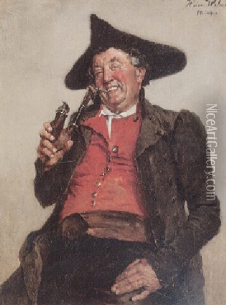 Lachender Mann In Tracht Mit Dreispitz Und Ulmer Kloben Oil Painting - Heinrich A. Weber