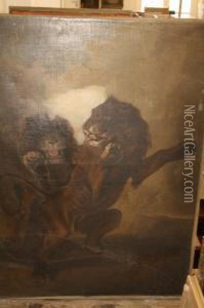Unframed Oil On Canvas Two Lions 55 X 41in Oil Painting - Carl Borromaus Andreas Ruthart