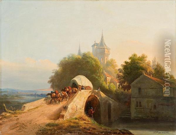 Flusslandschaft Mit Handlern Und Planwagen Oil Painting - Constantinus Cor. Huysmans