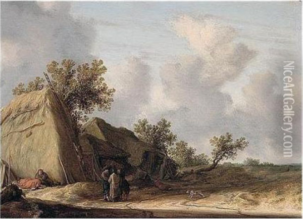 Landscape With Figures Conversing Before A Haystack And Farm Buildings Oil Painting - Salomon van Ruysdael