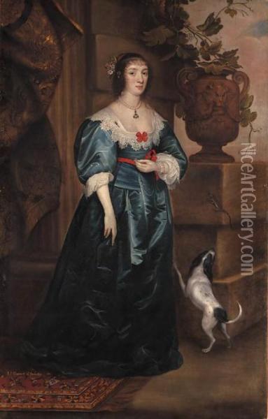 Portrait Of Mary, Lady Gerard, 
Of Bromley, Full-length, In A Bluedress, A Dog At Her Side, Beside A 
Classical Urn On A Plinth Onwhich Rests A Lizard Oil Painting - Sir Anthony Van Dyck