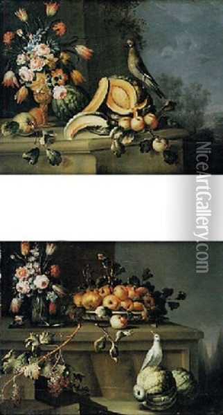 Vaso Di Fiori, Meloni, Frutta E Uccello Oil Painting - Felice Rubbiani