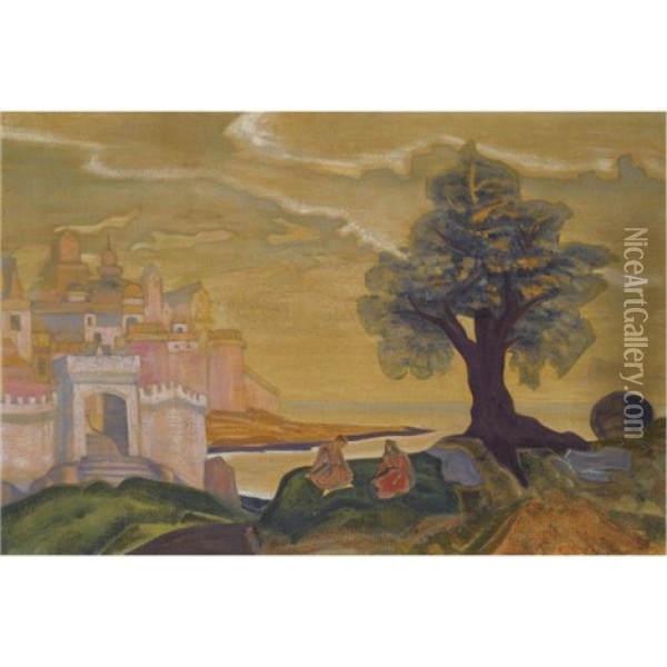 Ledenets Town, Set Design For Rimsky-korsakov's Opera The Tale Of Tsar Saltan Oil Painting - Nikolai Konstantinovich Roerich