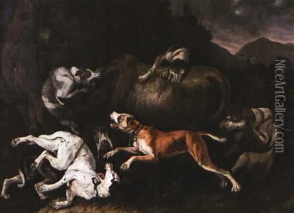 Chiens Attaquant Un Taureau Oil Painting - Pieter Boel