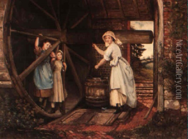 Woman And Children By A Watermill Oil Painting - Douglas Adams