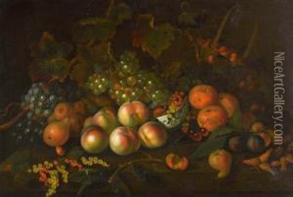 Still Life With Grapes, Peaches,
 Pears, Plums, Cherries, Hazel Nuts And Redcurrants In Bowl, 
Strawberries In Basket. Oil Painting - Barend or Bernardus van der Meer