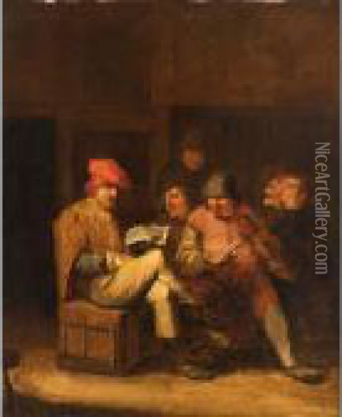An Interior With Peasants Singing And Making Music Oil Painting - Maarten Van Heemskerck