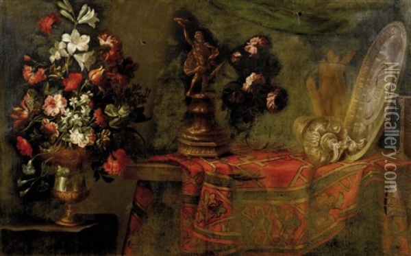 Nature Morte Aux Pieces D'orfevrerie Sur Un Tapis Pose Sur Un Entablement Et Vase De Fleurs Oil Painting - Antonio Gianlisi