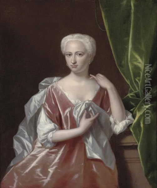 Portrait Of A Lady In A Pink Dress And Grey Mantle, By A Plinth Oil Painting - August Leu the Younger