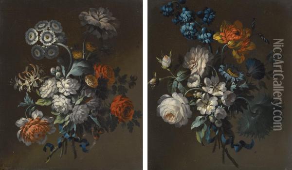 A Pair Of Still Lifes, Each With Posies Of Roses, Polyanthus And Other Flowers, Tied With Blue Ribbons Oil Painting - A.C. Edwards