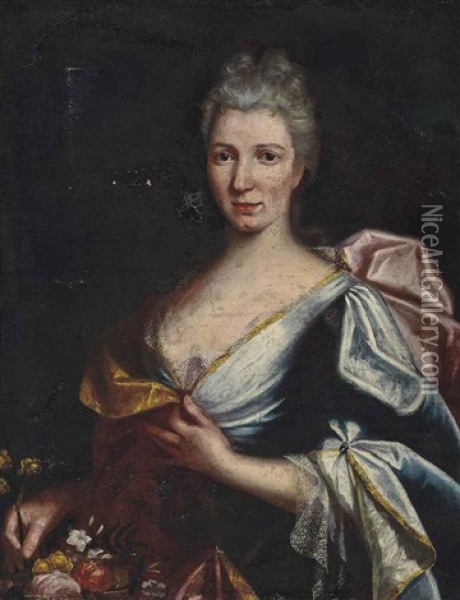 Portrait Of A Lady, Half-length, In An Oyster Satin Dress And A Pink Wrap Oil Painting - Giuseppe Bonito