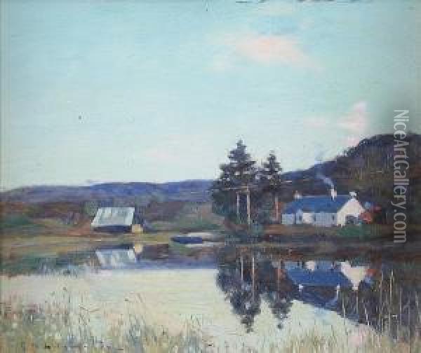 Reflections Of A Lochside Cottage Oil Painting - Robert Mcgown Coventry