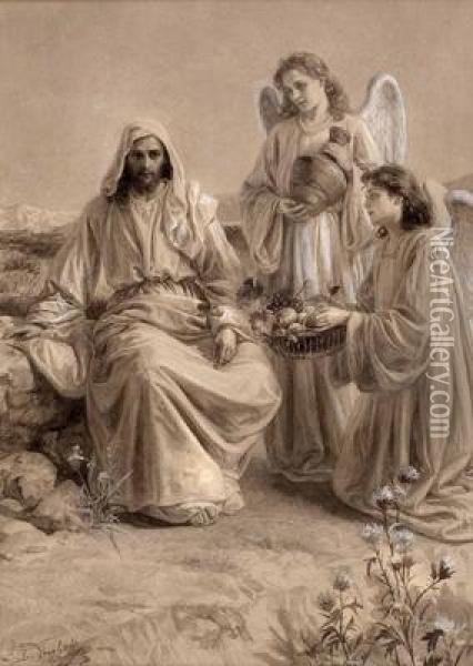 Jesus Mit Zwei Gaben Bringenden Engeln Oil Painting - Frantisek Bohumil Doubek