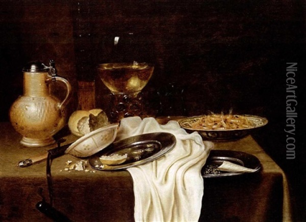 A Still Life With A Stoneware Jug, A Flute, A Roemer, Shrimps, Bread And Tobacco On Pewter Plates, Shrimps In A Wan-li Porcelain Bowl, Together With A Knife, All On A Draped Table Oil Painting - Maerten Boelema De Stomme
