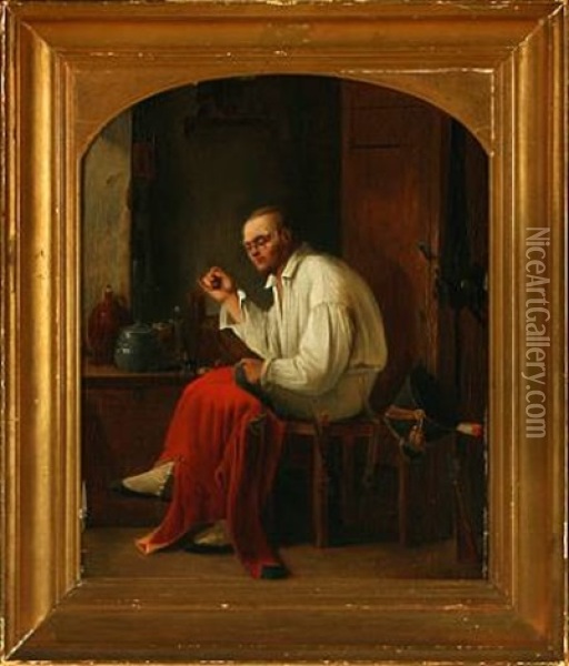 Interior With Soldier Repairing His Uniform Oil Painting - August Jacob Barlach