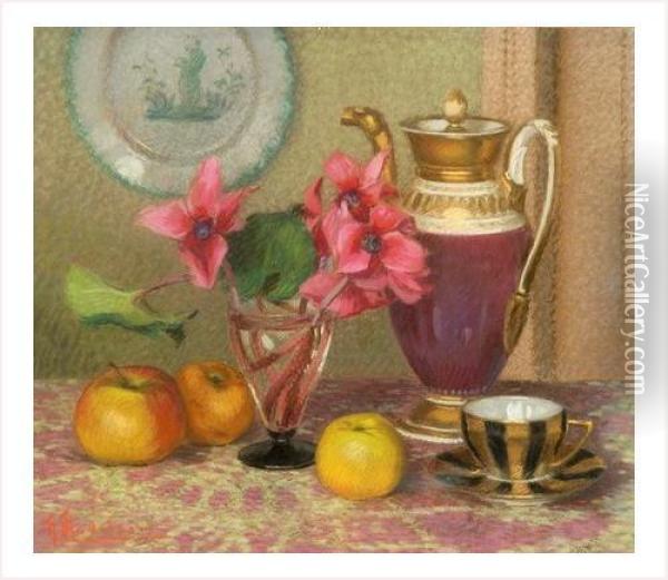Pommes, Cyclamens Et Cafetiere Oil Painting - Gustave Madelain