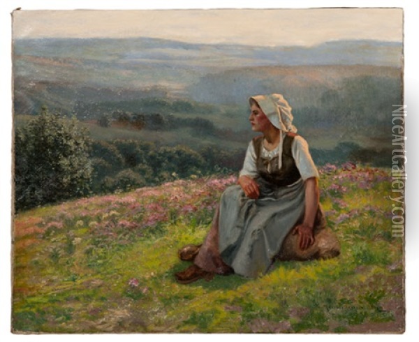 Girl In Meadow Oil Painting - Jean Beauduin