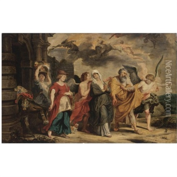 The Flight Of Lot And His Family From Sodom Oil Painting - Willem van Herp the Elder