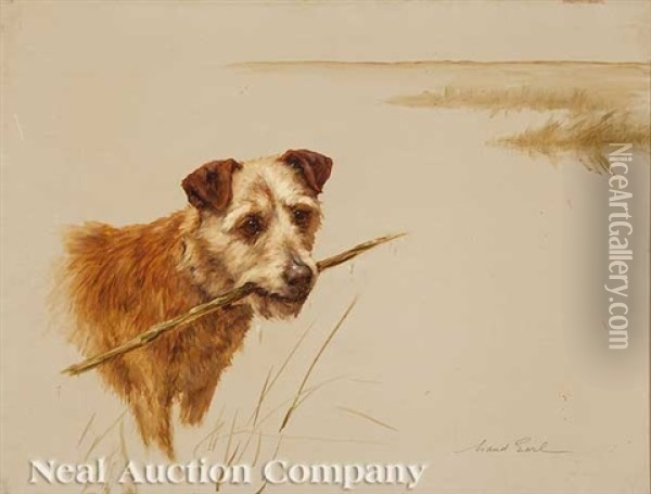 Terrier Fetching A Stick Oil Painting - Maud Earl
