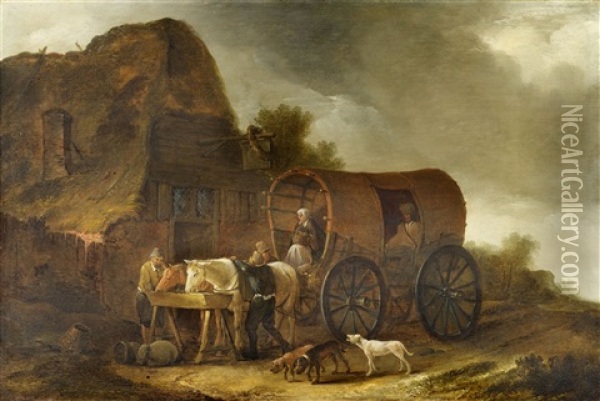 Travellers Resting By Their Coach Oil Painting - Pieter De Molijn