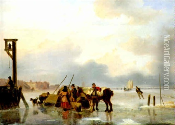 Figures On A Frozen River, A Town Beyond Oil Painting - Nicolaas Johannes Roosenboom