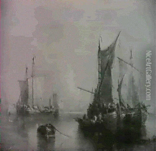 Fishing Vessels In A Calm Oil Painting - John Moore Of Ipswich