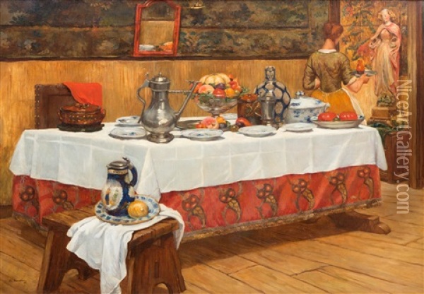 Interior With Well-laid Table Oil Painting - Alexandre Hannotiau