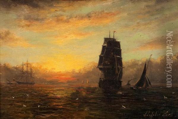 Segelschiffe Im Abendlicht Oil Painting - Adolphus Knell