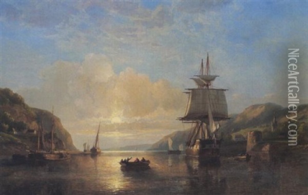 Fluslandschaft Mit Segelschiffen Bei Untergehender Sonne Oil Painting - Hermann Rudolf Hardorff the Younger