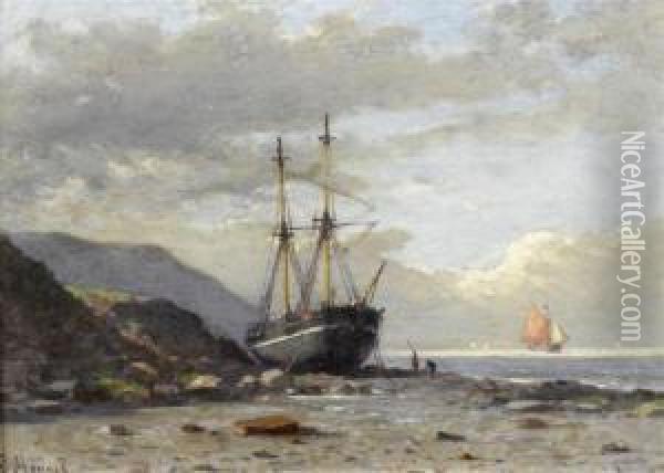 Coastal Landscape With Ship Run Aground Oil Painting - Louis Mennet